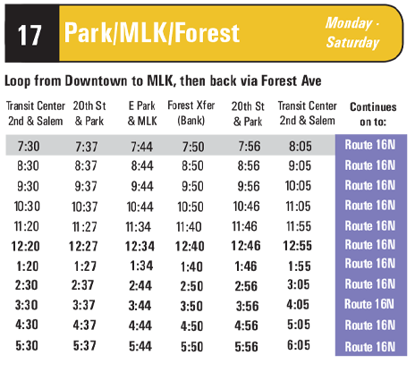 Schedule for Route 17