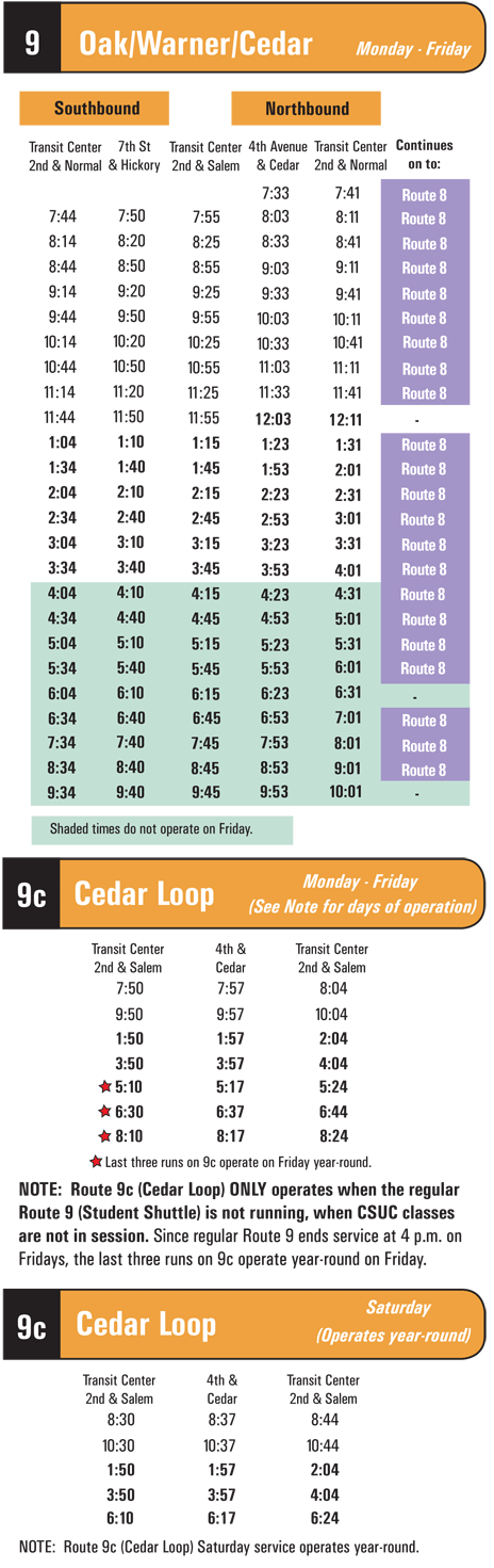 Schedule for Route 9 and 9c
