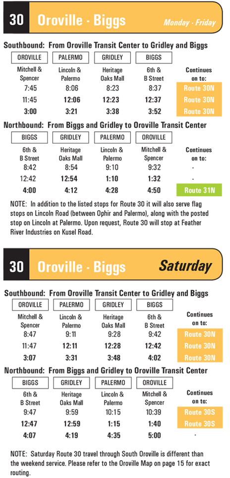 Schedule for Route 30